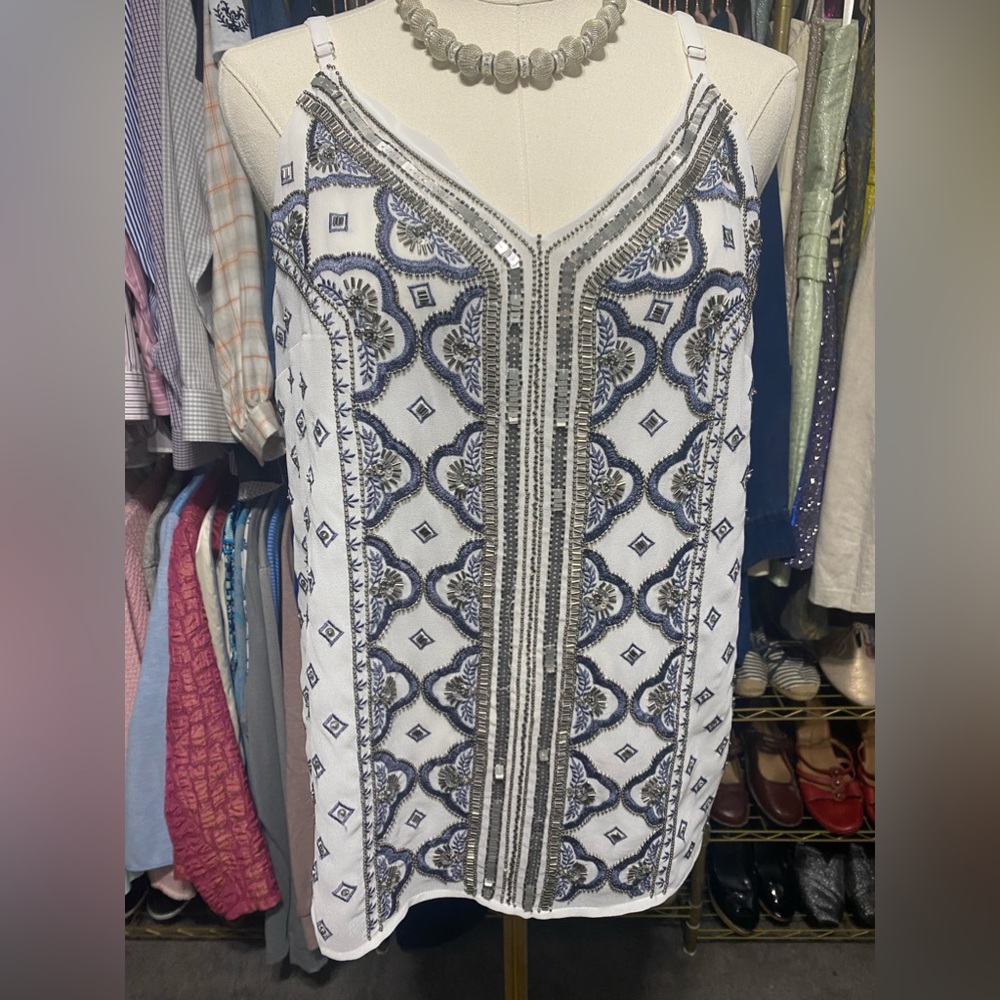 Embellished White and Navy Beaded V-Neck Cami Tank Top